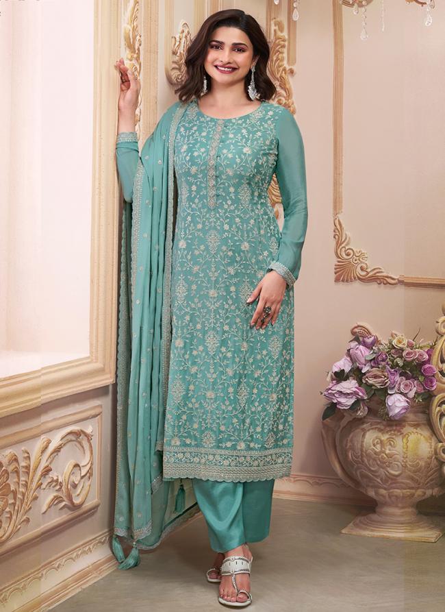 Chinnon Silk Sky Blue Wedding Wear Embroidery Work Straight Suit